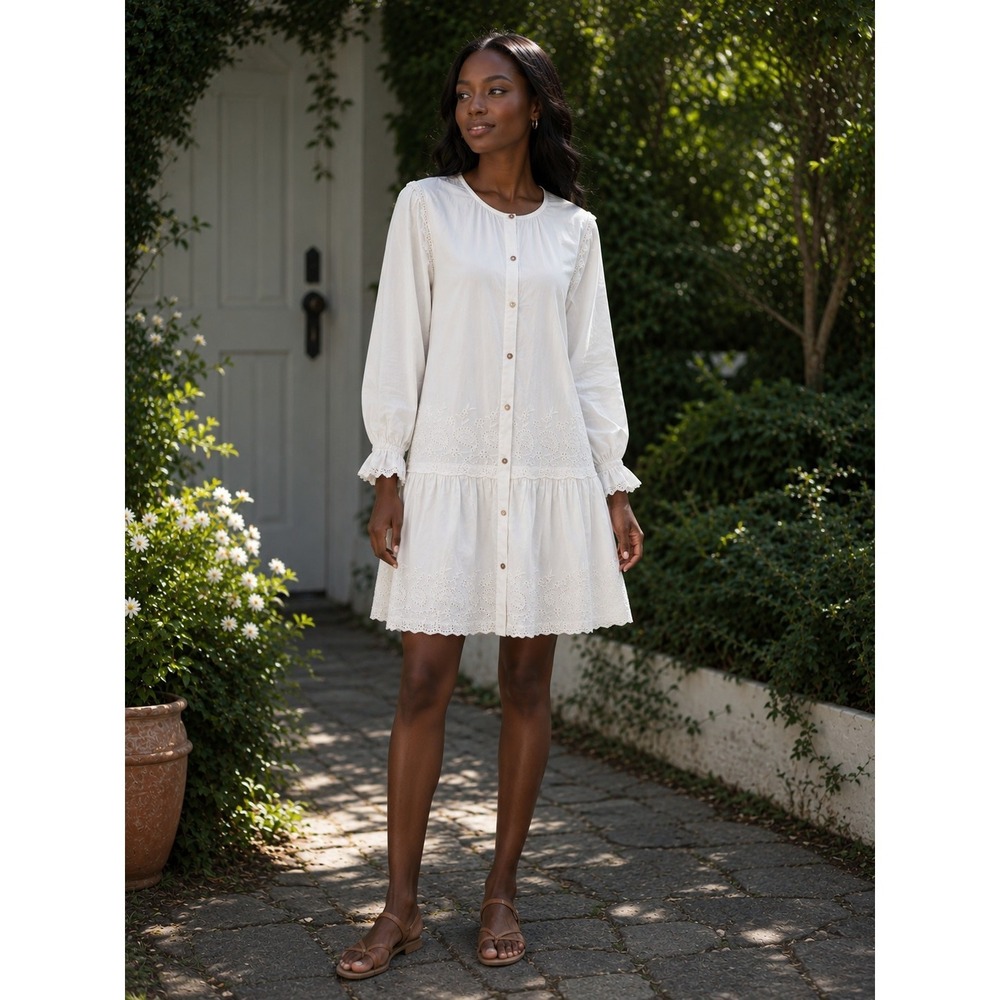 Chelsea & Violet Cream Eyelet Dress Boho Cottagecore Sz Small Pockets Minimalist